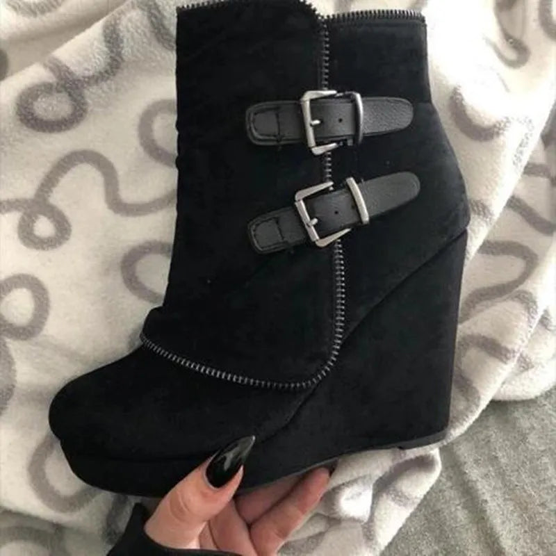 Suede Wedge Zipper Solid Color Short Boots