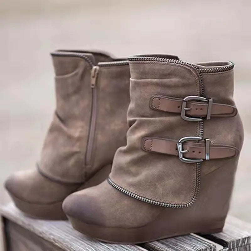 Suede Wedge Zipper Solid Color Short Boots