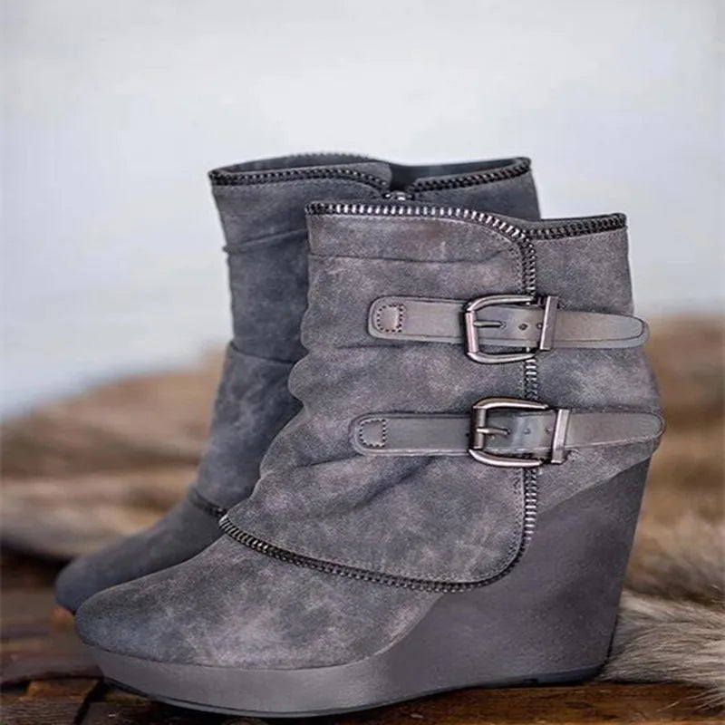 Suede Wedge Zipper Solid Color Short Boots