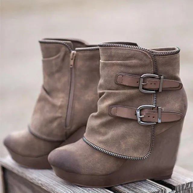 Suede Wedge Zipper Solid Color Short Boots