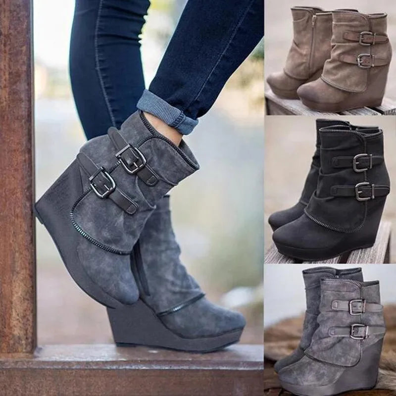 Suede Wedge Zipper Solid Color Short Boots