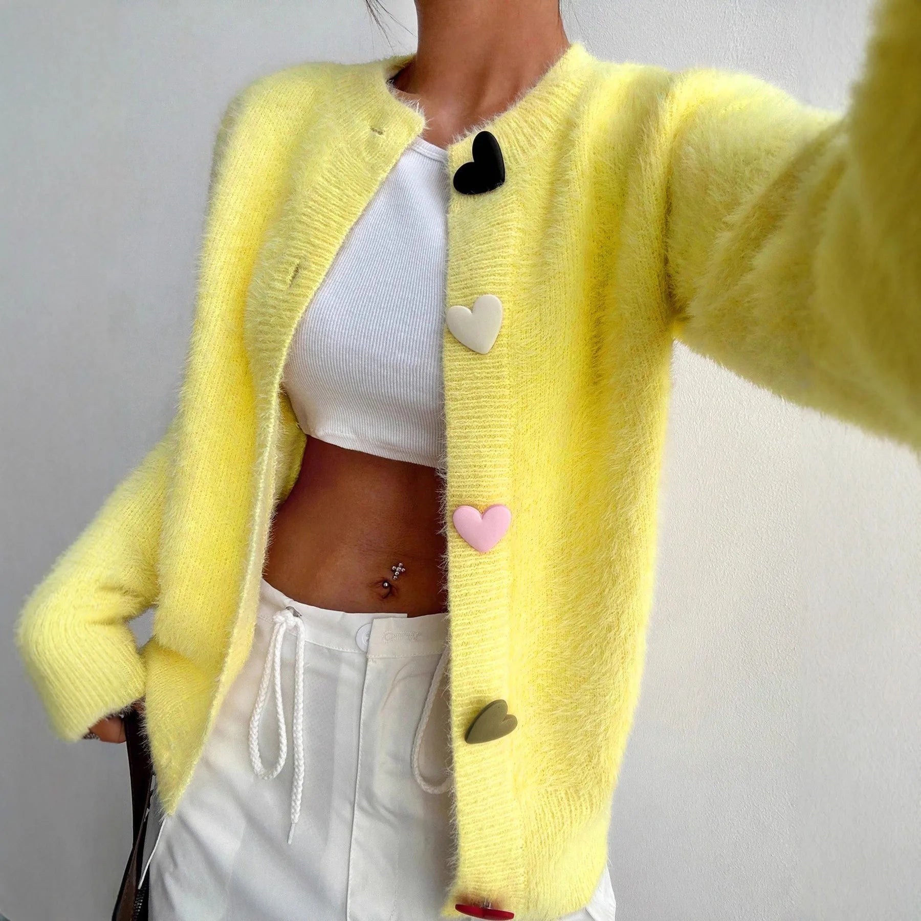 Fuzzy Yellow Cardigan Colorful Heart Buttons