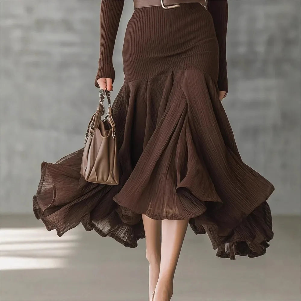 Autumn Brown Long-sleeved V Neck Dress For Women'S Fashion Fitted With Large Swing Elegant Female Belt Tied Dresses 2025