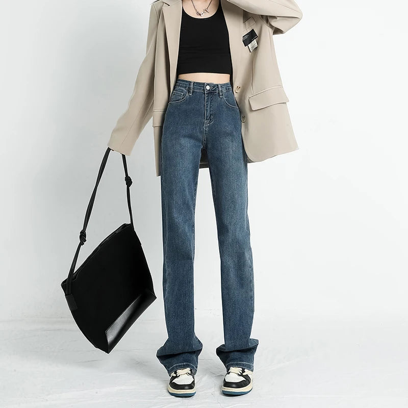 Autumn New Women's Stretch Jeans High Waist Slim Straight Vintage Washed Denim Pants Fashion Korean Street Y2K Female Clothing