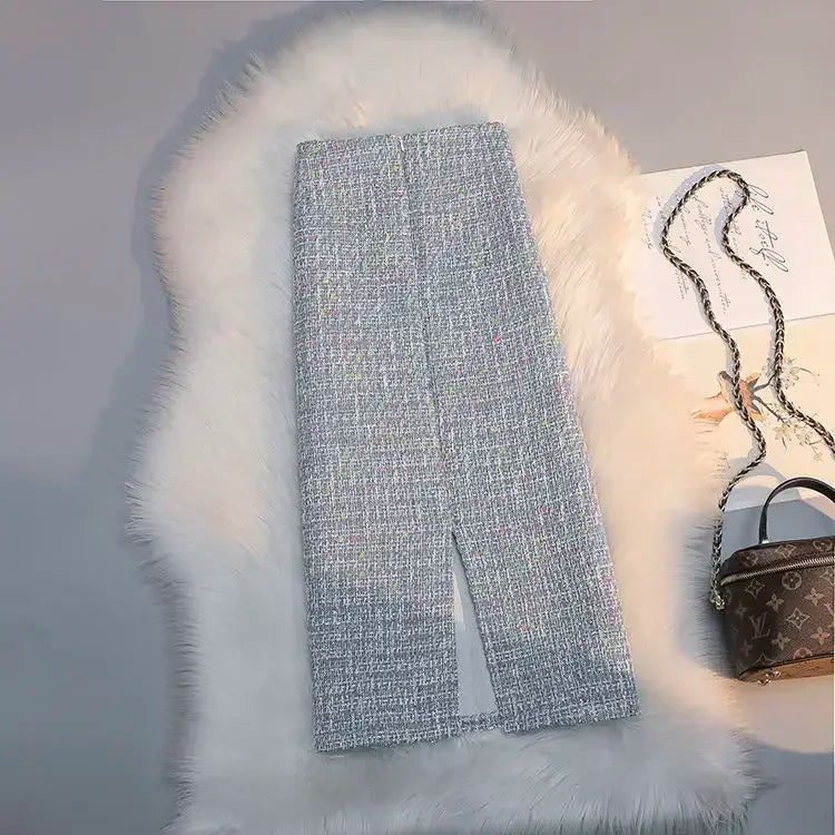 Long High Waist Plaid Tweed Skirt