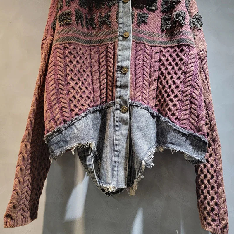 Solid Color Knitted Loose Denim Patchwork Sweater