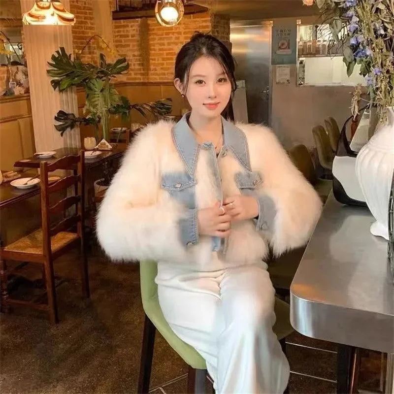 2025 Female Cowboy Patchwork Fur Outwear Winter Ladies Fashion Faux Fur Top Coat Retro Women High End Long Sleeves Plush Jacket