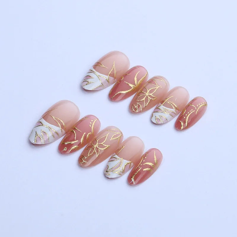 24PCS Luxury Golden Flower Irregular Lines Almond False Nails