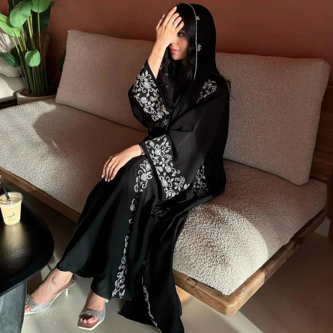 Black Silver Nail Beaded Abaya