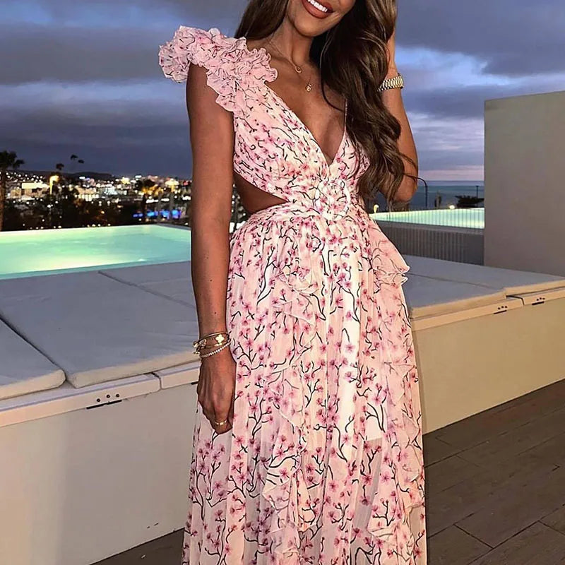 Floral Shoulder Deep V-neck Long Dress