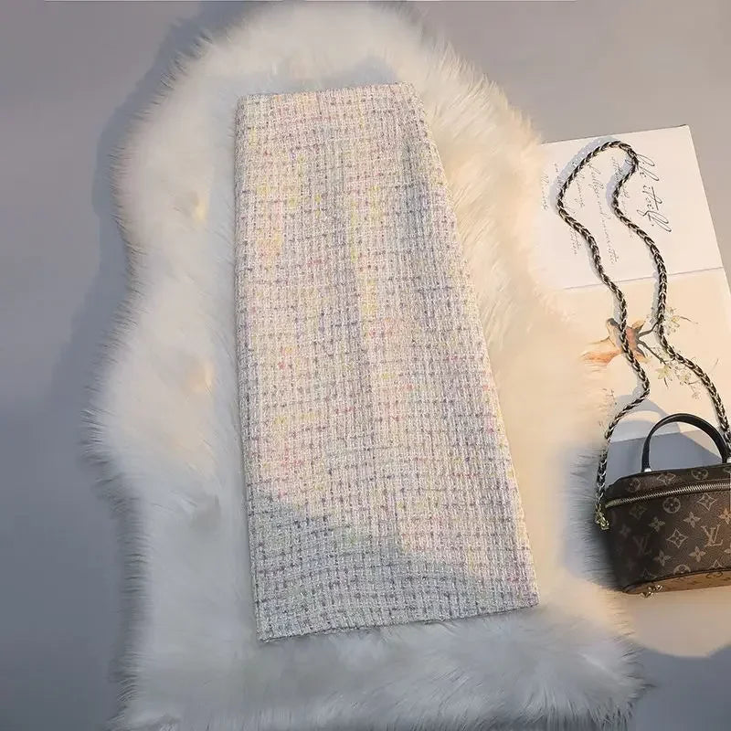 Long High Waist Plaid Tweed Skirt