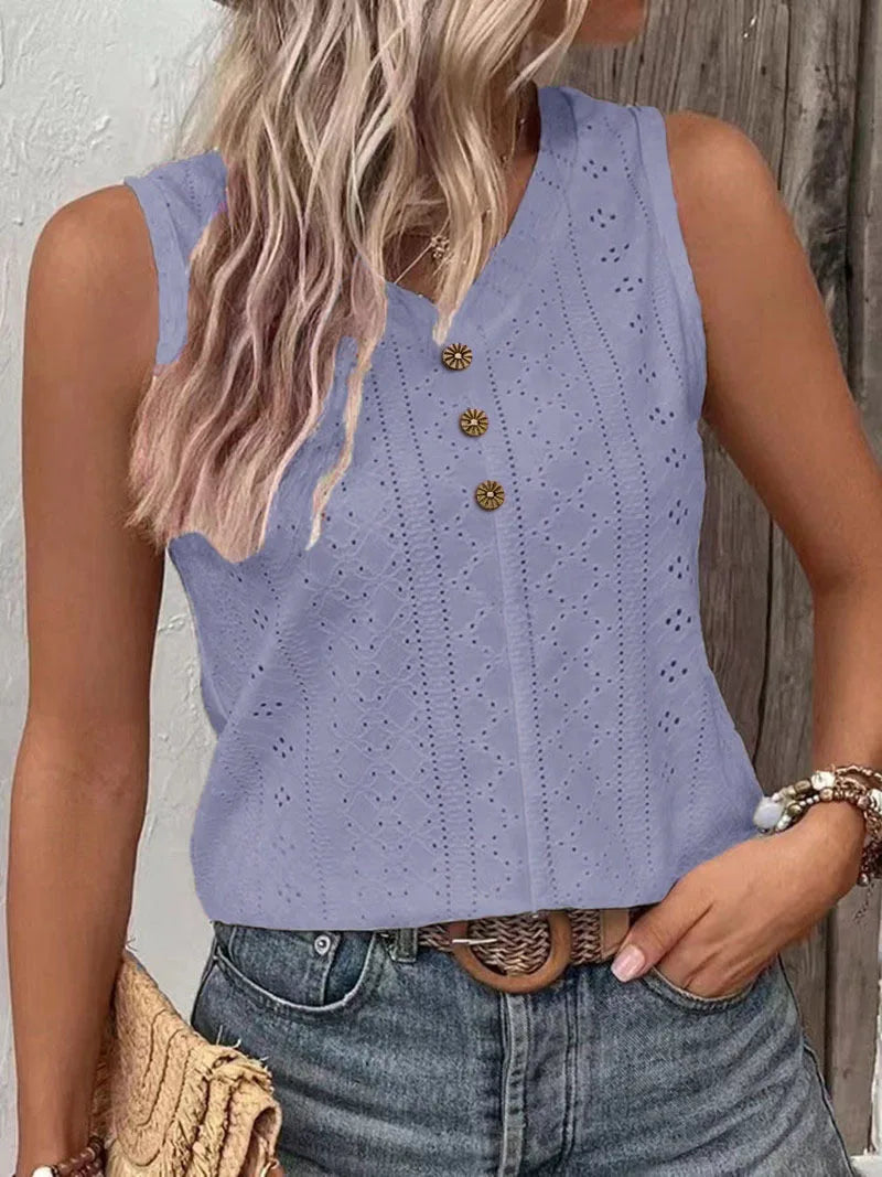 Summer Hollow Out V Neck Sleeveless Blouses For Women Fashion 2024 Elegant Loose Tank Tops For Women Solid Pullover Tunic Casual