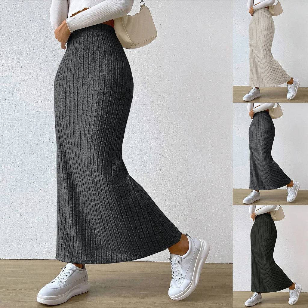 Solid Color Knitted Thick High Waist Slit Skirt
