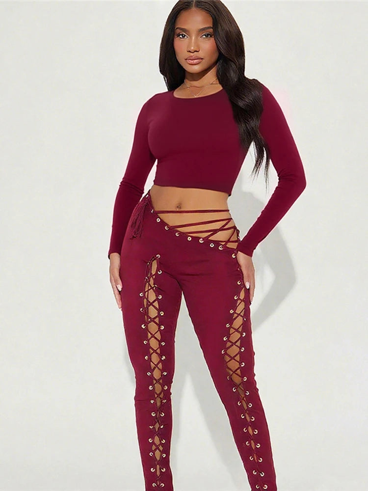 Solid Full Sleeve Crop Tops+Drawstring Slash Waist Pants Set