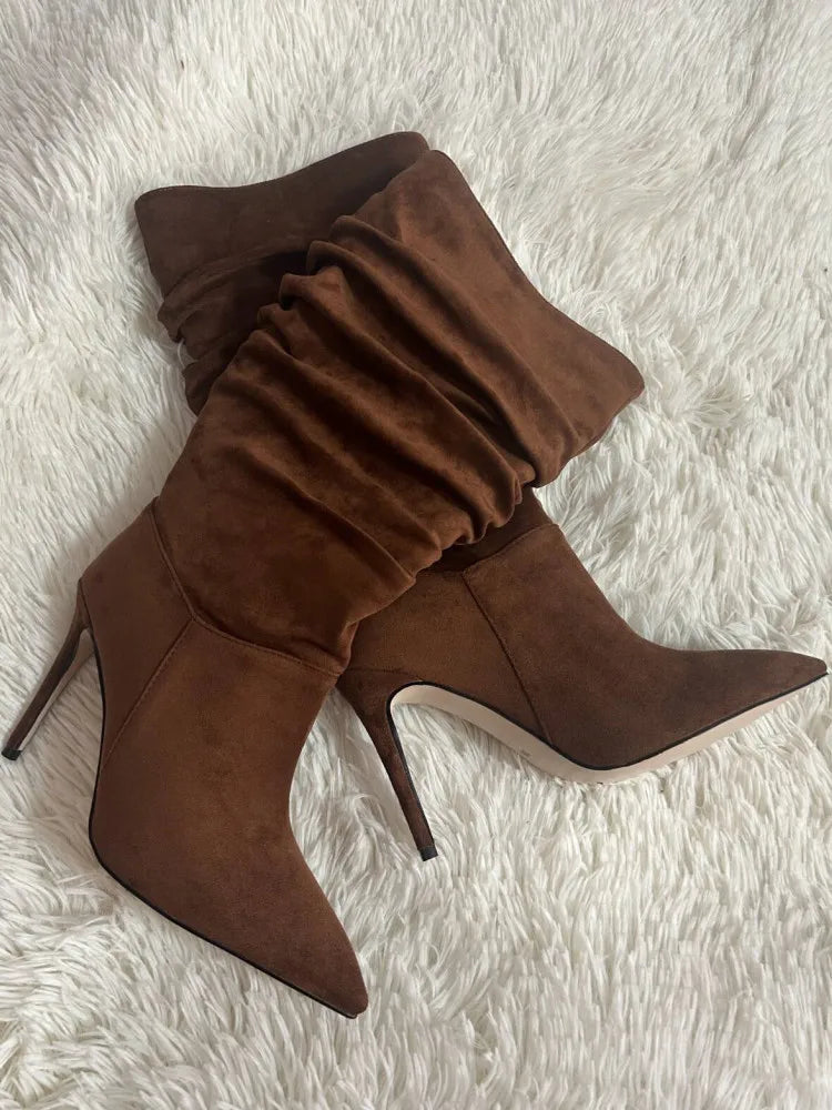 Pleated High-heeled Short Boots
