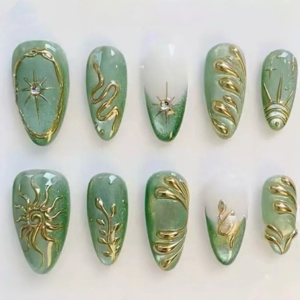 24PCS Luxury Golden Flower Irregular Lines Almond False Nails