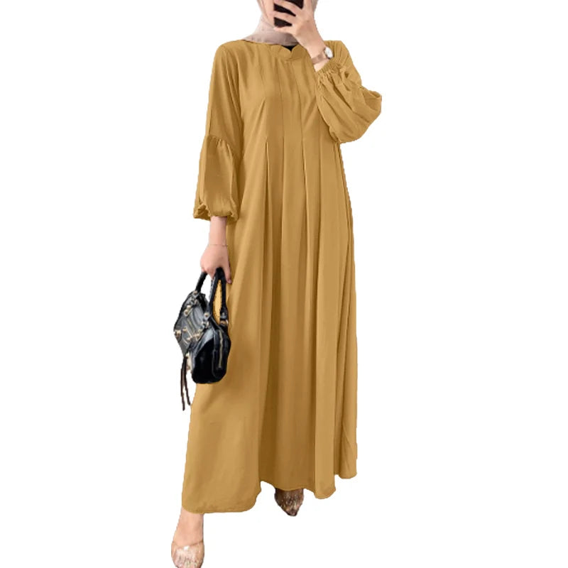 Elegant Long Sleeve Pleated Sundress Muslim Abaya
