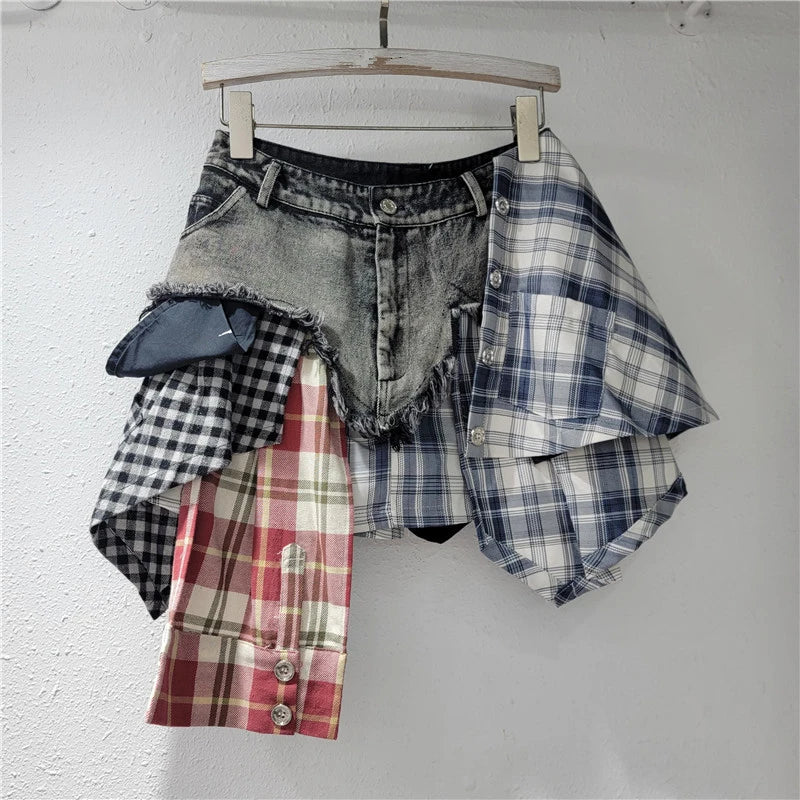Plaid Denim Spliced Tassel Irregular Hem A-Line Patchwork Skirt