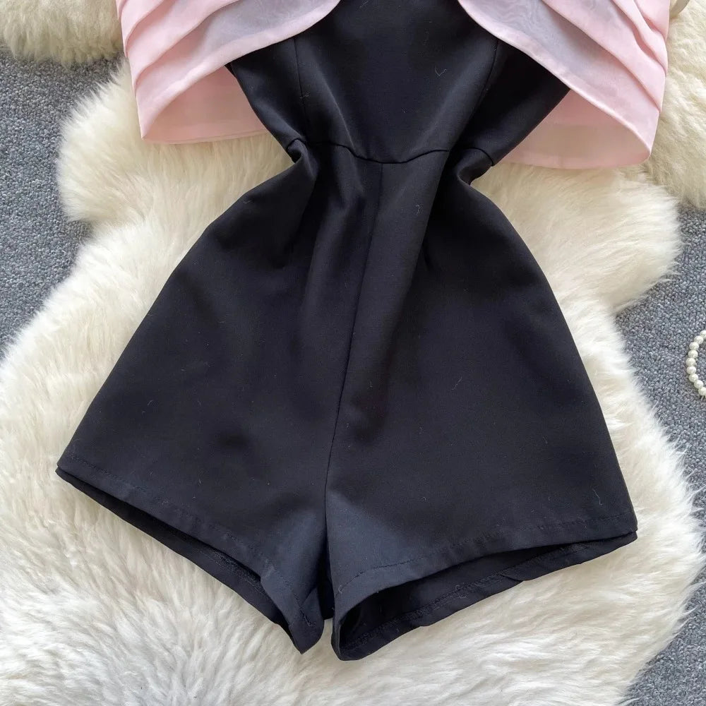 Basics pearls Sleeveless Vintage Spliced  Asymmetrical ruffle Top Slim High Waist short Pants Vacation High Street Summer Sets