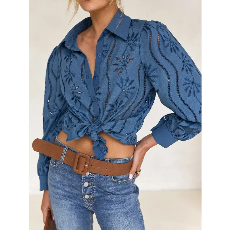 2025 Autumn New Solid Shirt Casual Loose Fashion Hollow Puff Sleeve Cardigan Tops For Women Office Black Hollow out Blouses