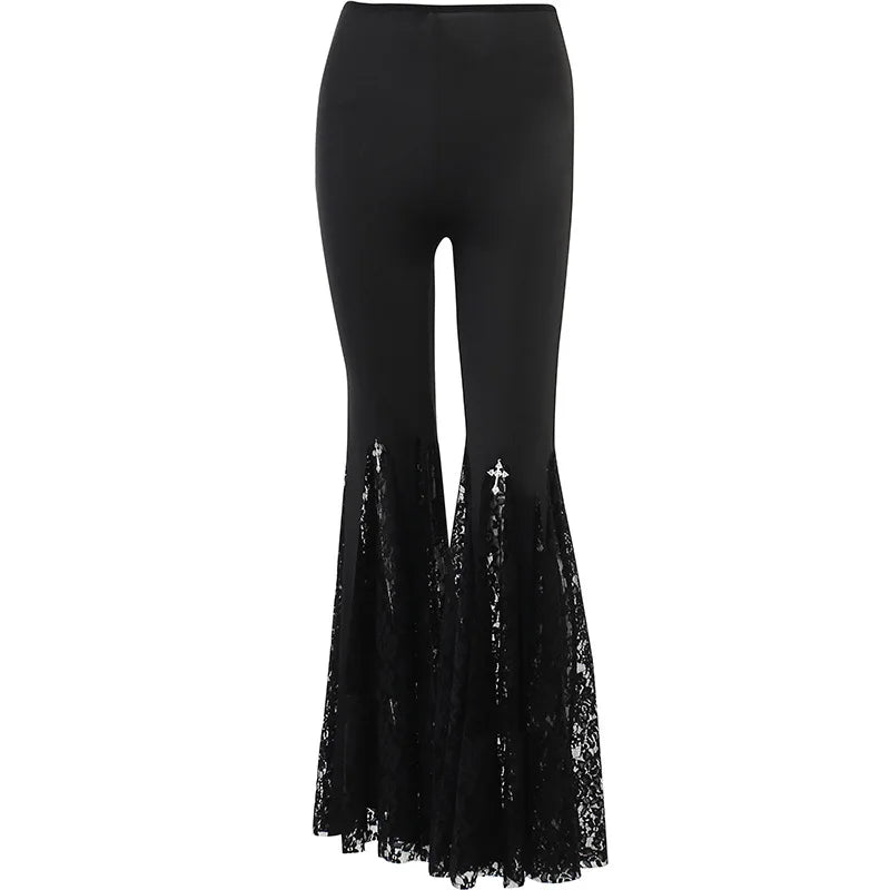 Autumn Punk Gothic Dark Y2k Style Women Pants Chic High-waisted Lace Cutout Design Court Retro Elegant Flare Pants Woman Clothes