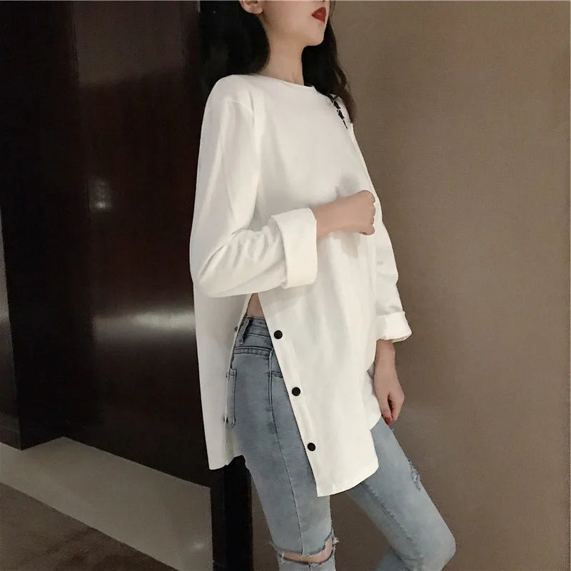 Loose Long Sve T-Shirt Women's Spring Autumn Korean Trendy BF Lazy Sle Student Versatile Slit Base Shirt Top