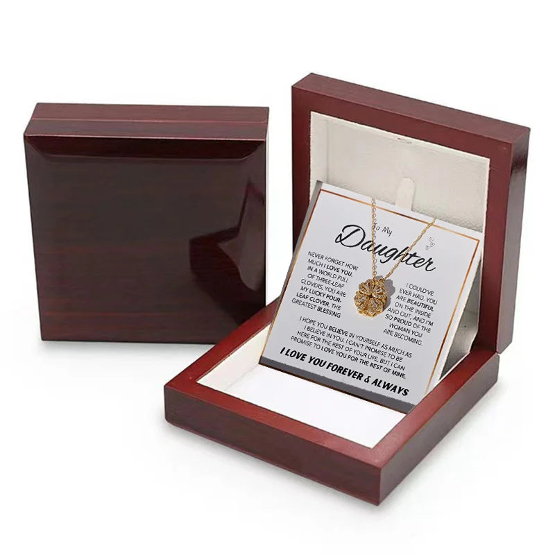 4-Leaf Clover Necklace To My Daughter With Flap Wooden Box