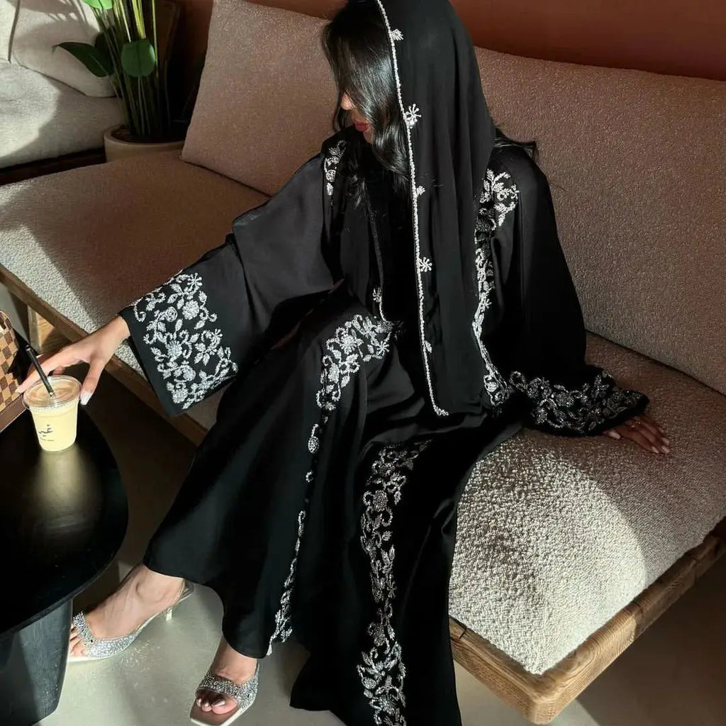 Black Silver Nail Beaded Abaya