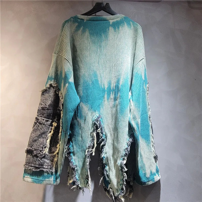 Irregular Patchwork Denim Tassel Colorful Tie-dye Knitted Pullover