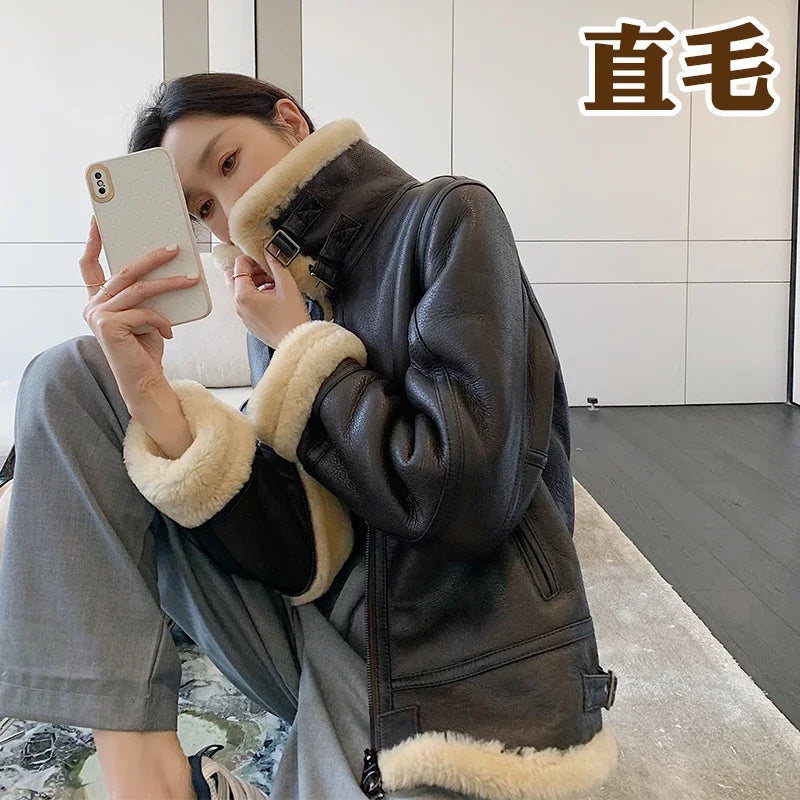2022 Winter New Original Natural Sheepskin Fur Coat Women's Coat Thick Warm Sheep Sheared Lamb Hair Short Genuine Leather Jacket