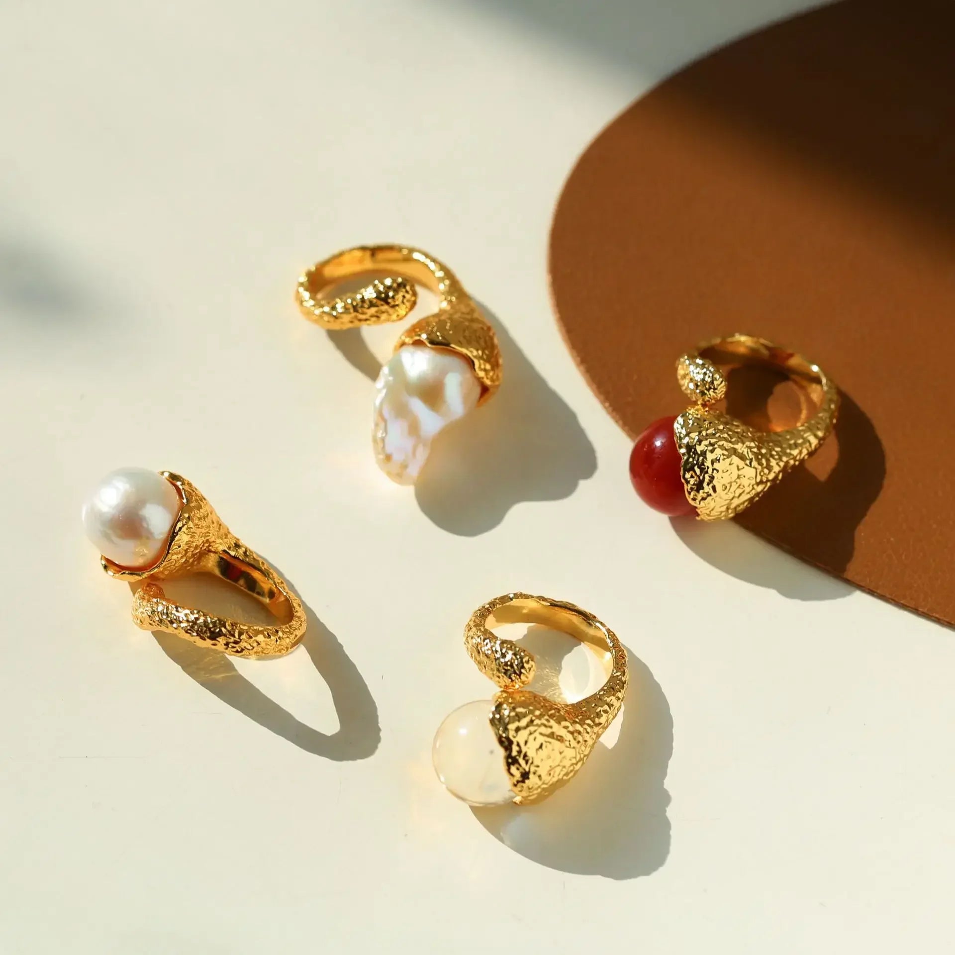 Pearl Red Agate Crystal 18K Gold Plated Ring