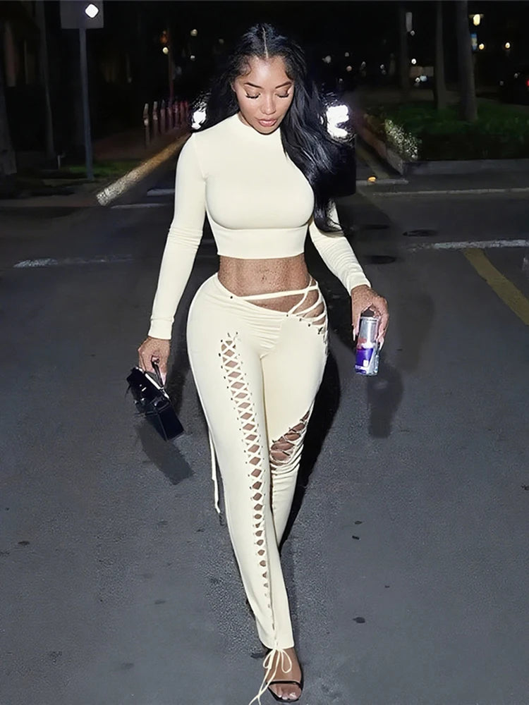 Solid Full Sleeve Crop Tops+Drawstring Slash Waist Pants Set