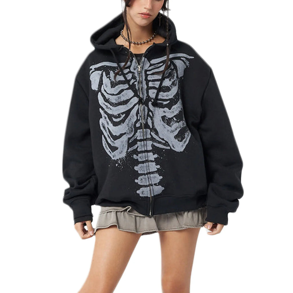 Casual Hooded Long Sleeve Skull Print Zipper Hoodie