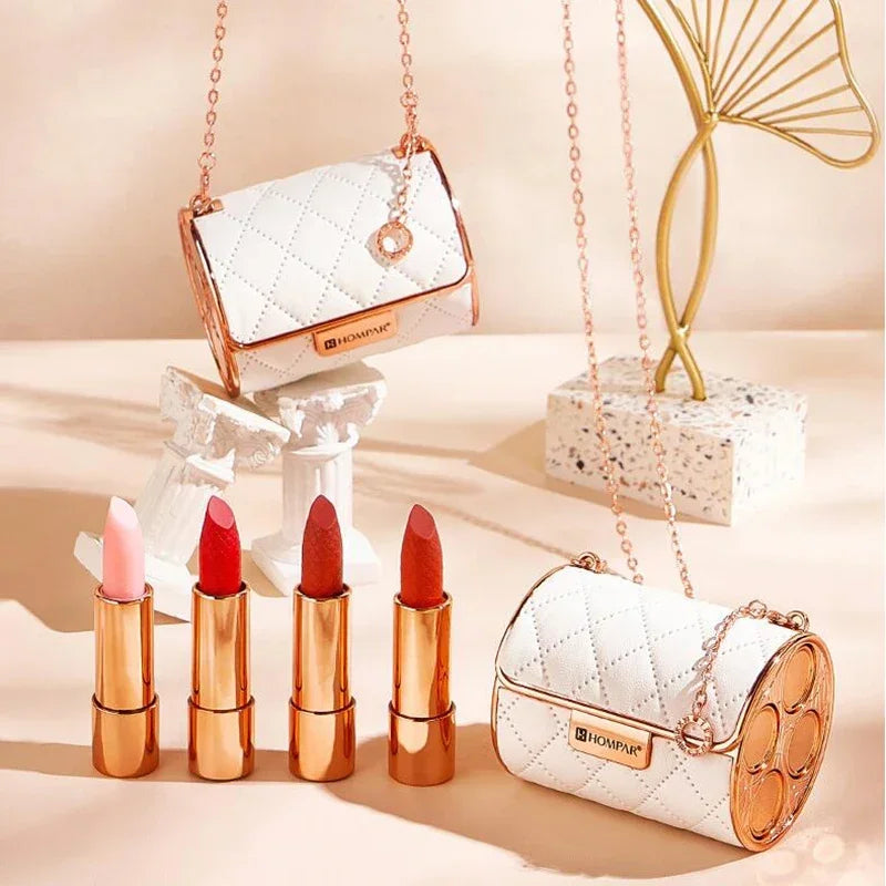 Chain Bag Lipstick Set 4 Color Long Lasting Matte Lip Stick White Leather Gift Box for Girl Women's Birthday Gift makeup