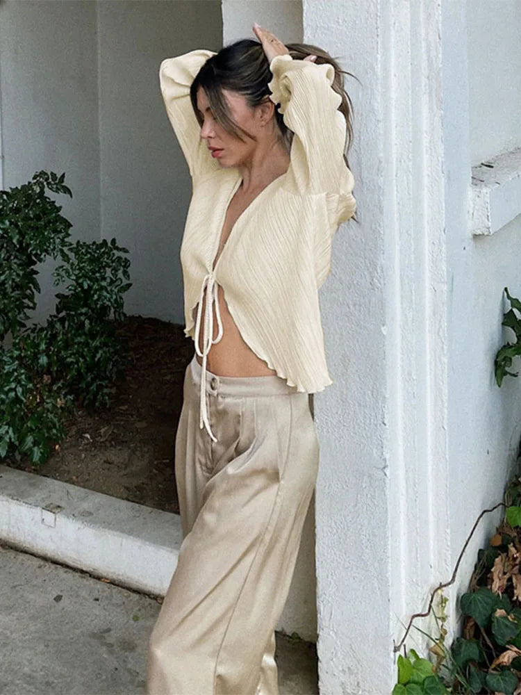 Pleated Plain Cardigan