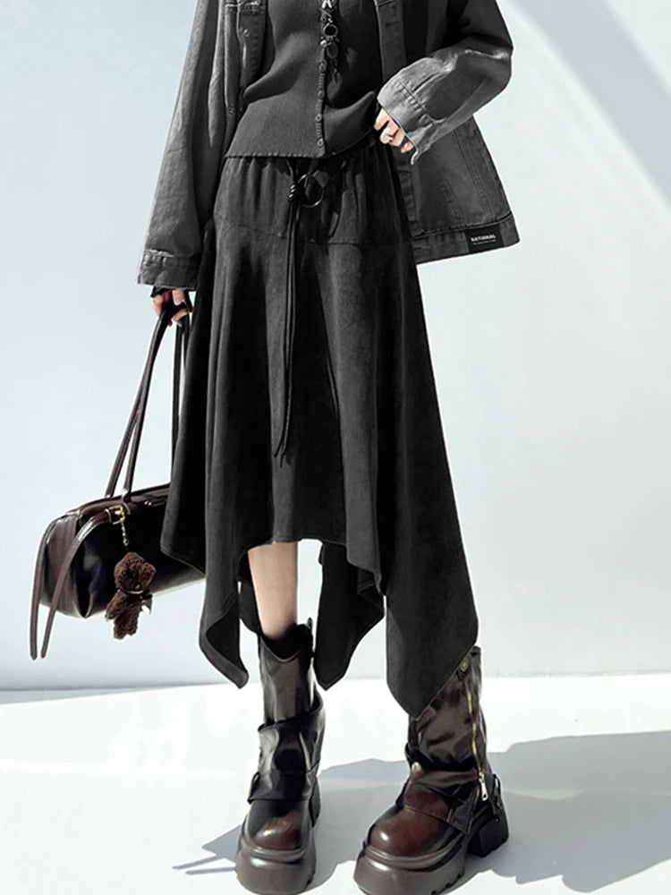 High Waist Vintage Belt Faux Suede Fabric Skirt