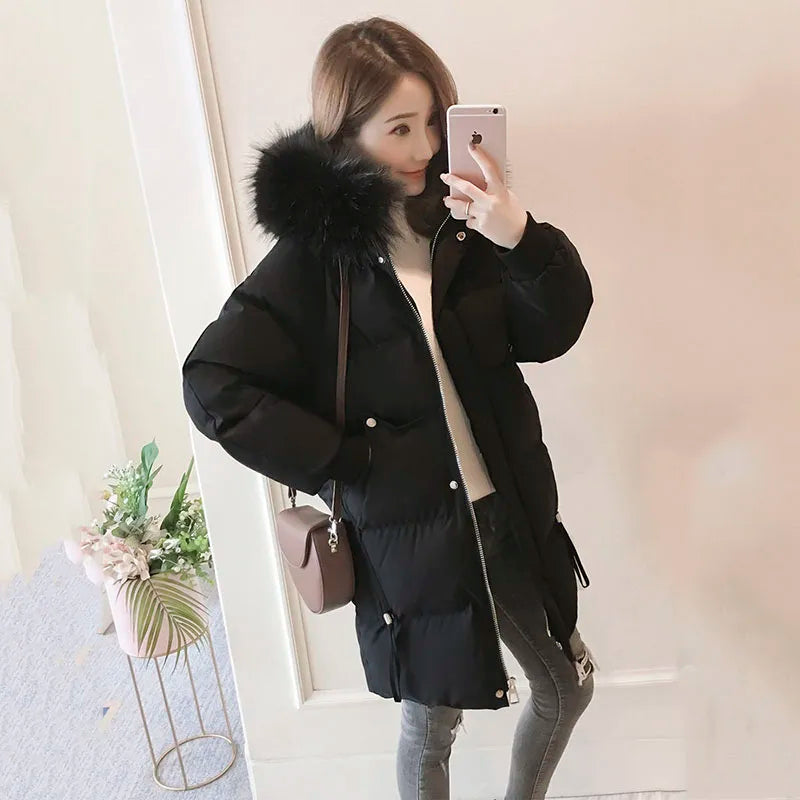 Autumn Winter New Down Cotton Jacket Women Korean Mid-Long Cotton-Padded Thick Warm Parkas Hooded Coat Female Casual Ladies Tops