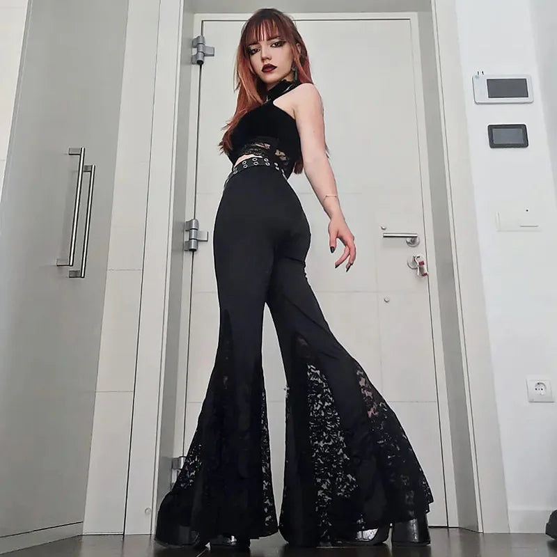 Autumn Punk Gothic Dark Y2k Style Women Pants Chic High-waisted Lace Cutout Design Court Retro Elegant Flare Pants Woman Clothes