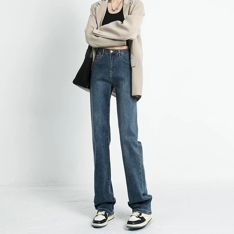 Autumn New Women's Stretch Jeans High Waist Slim Straight Vintage Washed Denim Pants Fashion Korean Street Y2K Female Clothing