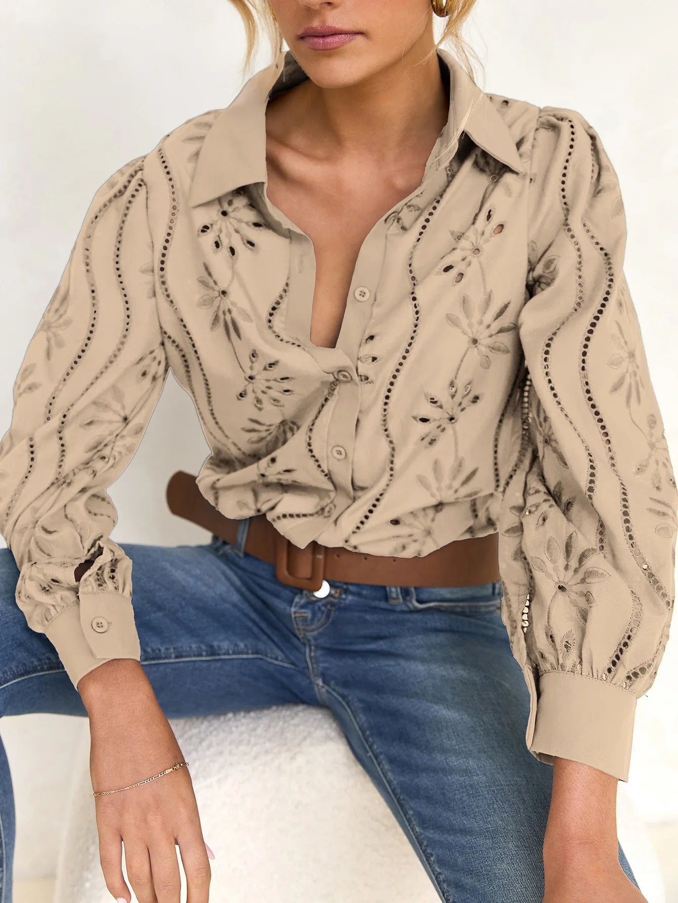 2025 Autumn New Solid Shirt Casual Loose Fashion Hollow Puff Sleeve Cardigan Tops For Women Office Black Hollow out Blouses