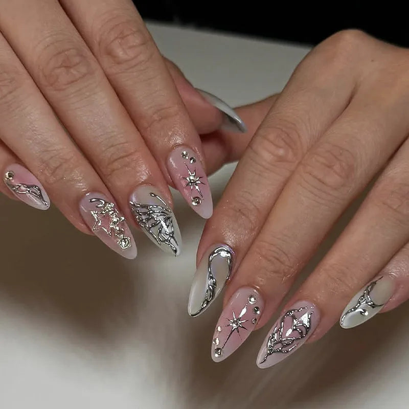 24PCS Luxury Golden Flower Irregular Lines Almond False Nails