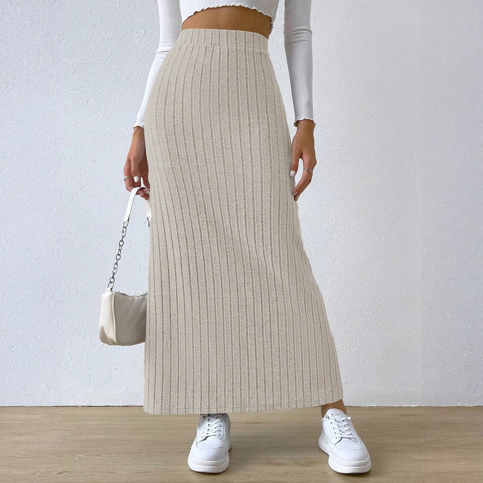 Solid Color Knitted Thick High Waist Slit Skirt