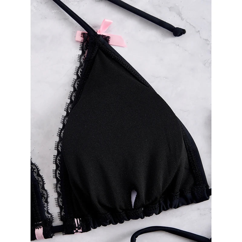 Patchwork Bowknot Triangle Lace Up Micro Bikini