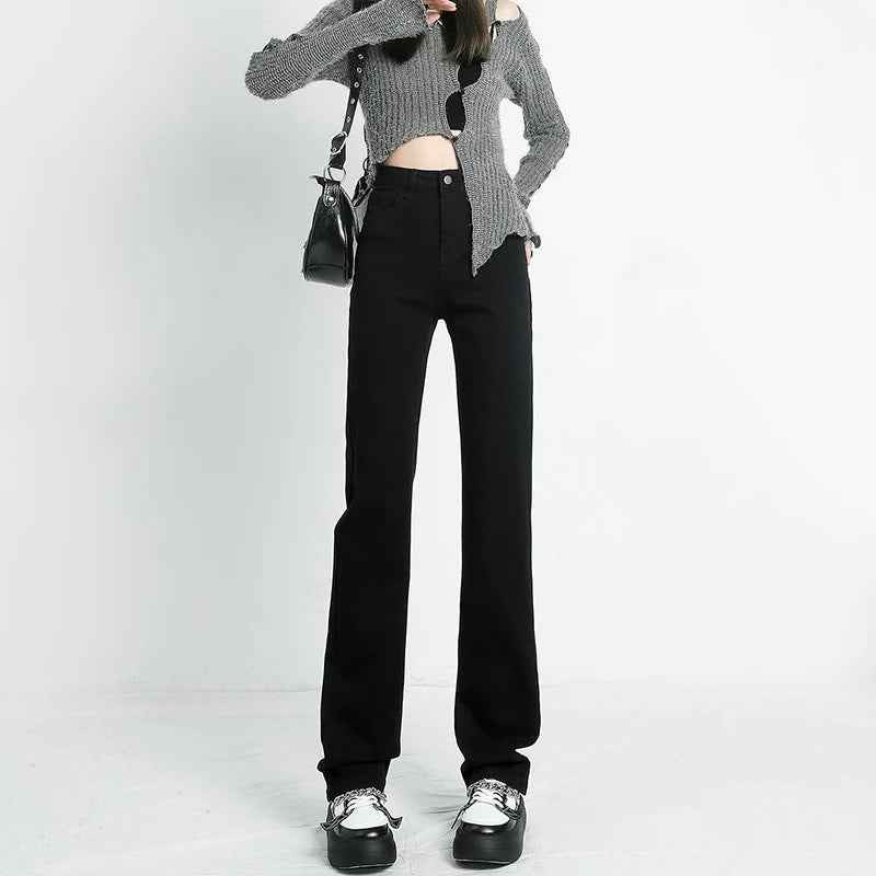 Autumn New Women's Stretch Jeans High Waist Slim Straight Vintage Washed Denim Pants Fashion Korean Street Y2K Female Clothing