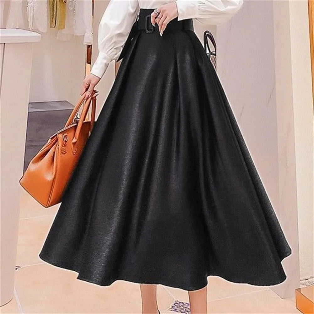 Big Swing High Waist Black Skirts Women Fashion Pleated Satin Midi Skirt Woman Button A-line Autumn Winter Long Party Skirt Lady