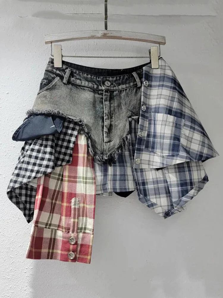 Plaid Denim Spliced Tassel Irregular Hem A-Line Patchwork Skirt