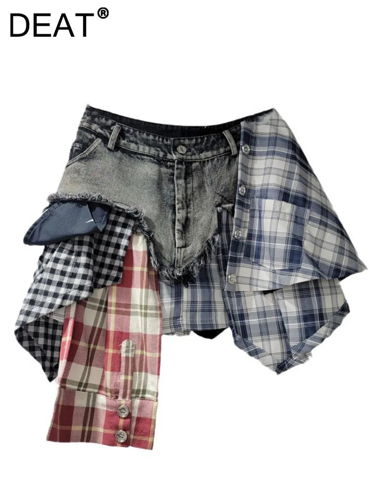 Plaid Denim Spliced Tassel Irregular Hem A-Line Patchwork Skirt