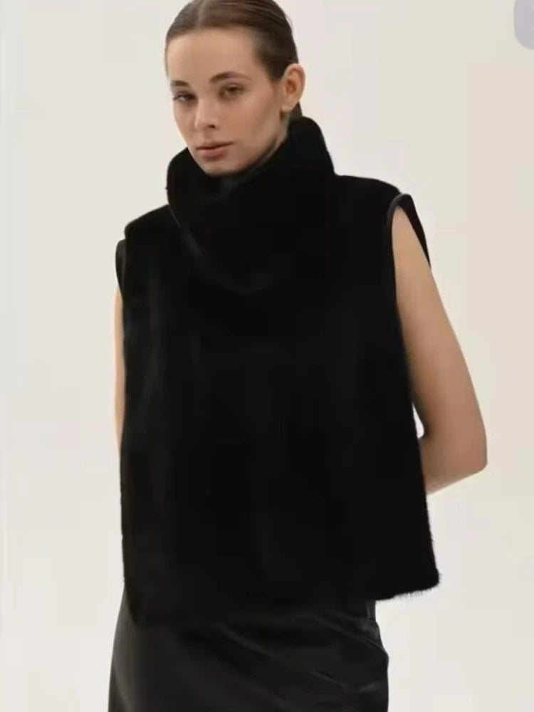 2025 New Autumn Winter Turtleneck Eco Faux Mink Fur Tank Tops Sleeveless Jacket Coat Faux Fur Sable Vest Crop Top