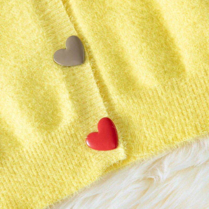 Fuzzy Yellow Cardigan Colorful Heart Buttons