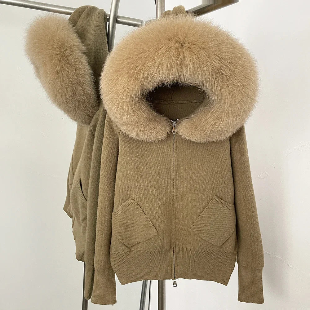 Hooded Big Real Fox Fur Collar Fashion Clothes Cardigan Autumn Winter Female Fashion Short Knitted Jacket Women Natural Fur Coat